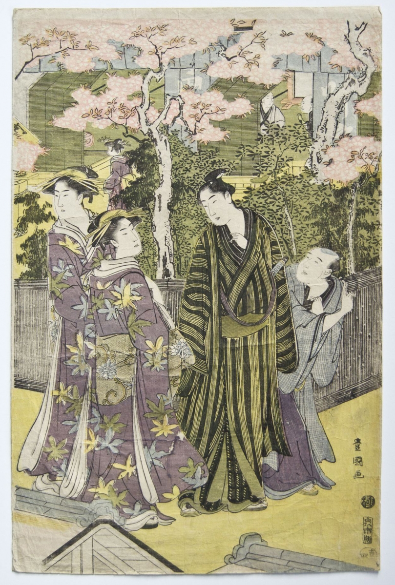 Toyokuni- A young man and two courtesans