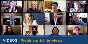 Image of a zoom grid of 12 people and the text, videos: webinars & interviews